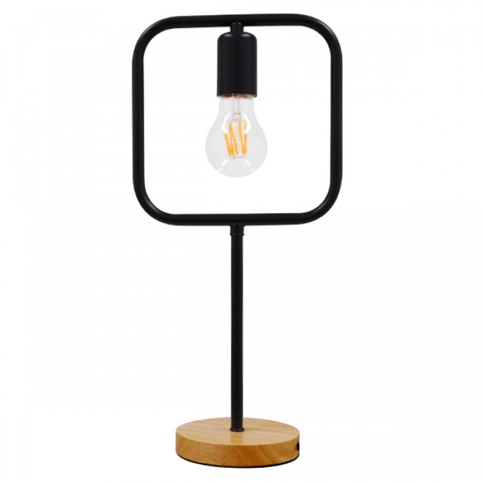 GloboStar® HONOR SQUARE 01435 Μοντέρνο Επιτραπέζιο Φωτιστικό Πορτατίφ Μονόφωτο Μαύρο Μεταλλικό με Ξύλινη Βάση Δρυς Μ20 x Π20 x Υ42cm