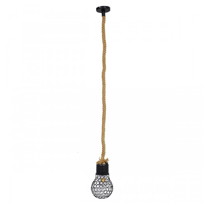 GloboStar® URBAN 01521 Vintage Industrial Κρεμαστό Φωτιστικό Οροφής Μονόφωτο 1 x E27 Μαύρο Μεταλλικό Πλέγμα με Μπεζ Σχοινί Φ15 x Υ25cm