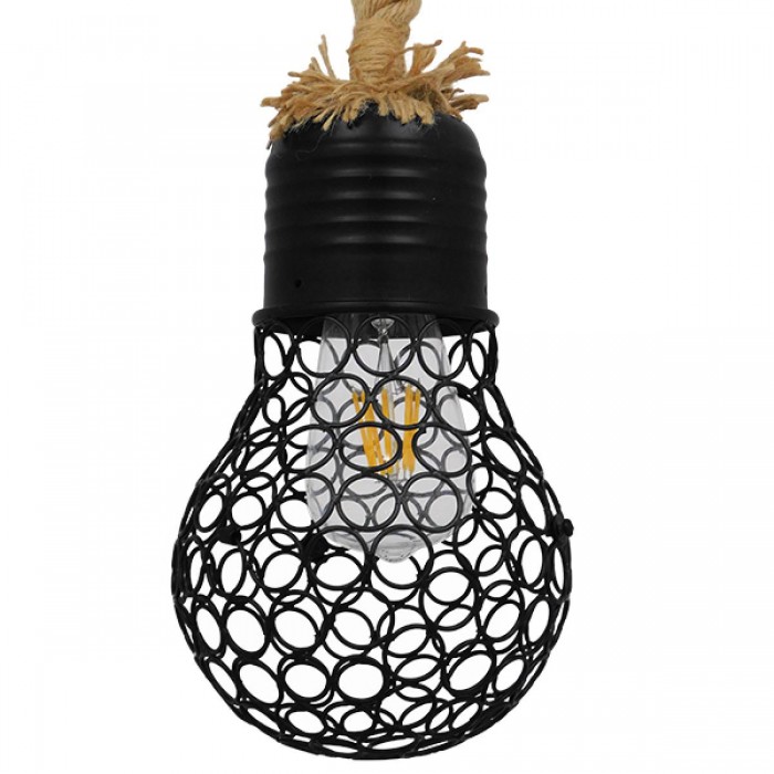 GloboStar® URBAN 01521 Vintage Industrial Κρεμαστό Φωτιστικό Οροφής Μονόφωτο 1 x E27 Μαύρο Μεταλλικό Πλέγμα με Μπεζ Σχοινί Φ15 x Υ25cm