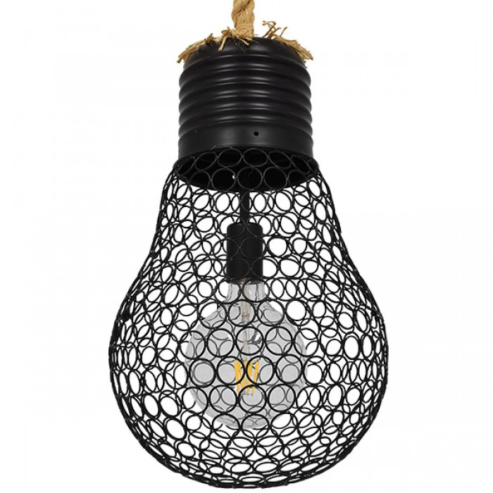 GloboStar® URBAN 01522 Vintage Industrial Κρεμαστό Φωτιστικό Οροφής Μονόφωτο 1 x E27 Μαύρο Μεταλλικό Πλέγμα με Μπεζ Σχοινί Φ28 x Υ40cm