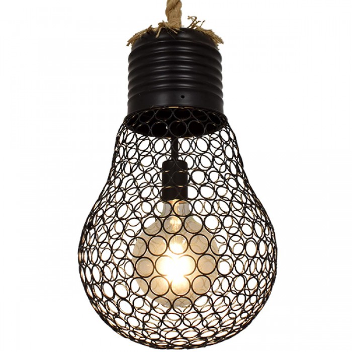 GloboStar® URBAN 01522 Vintage Industrial Κρεμαστό Φωτιστικό Οροφής Μονόφωτο 1 x E27 Μαύρο Μεταλλικό Πλέγμα με Μπεζ Σχοινί Φ28 x Υ40cm