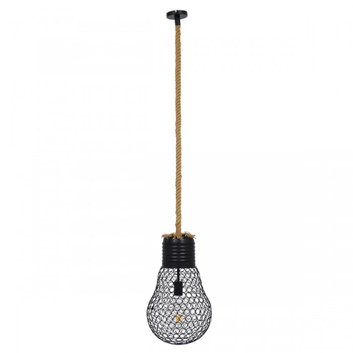 GloboStar® URBAN 01522 Vintage Industrial Κρεμαστό Φωτιστικό Οροφής Μονόφωτο 1 x E27 Μαύρο Μεταλλικό Πλέγμα με Μπεζ Σχοινί Φ28 x Υ40cm