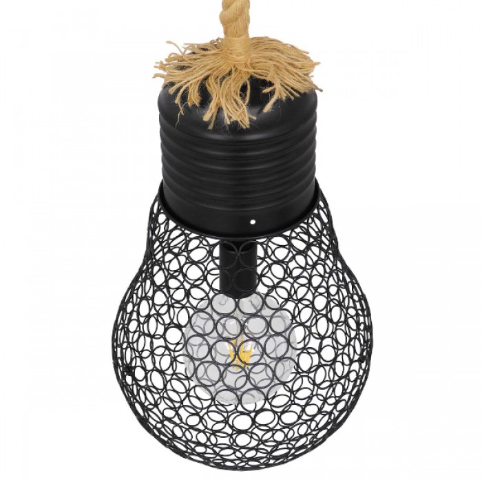 GloboStar® URBAN 01522 Vintage Industrial Κρεμαστό Φωτιστικό Οροφής Μονόφωτο 1 x E27 Μαύρο Μεταλλικό Πλέγμα με Μπεζ Σχοινί Φ28 x Υ40cm