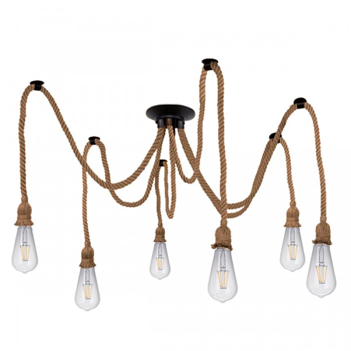 GloboStar® ATROX 01547 Vintage Φωτιστικό Οροφής Πολύφωτο 6 x E27 Μαύρο με 6x2 Μέτρα Μπεζ Σχοινί GloboStar® ATROX 01547 Vintage Φωτιστικό Οροφής Πολύφωτο 6 x E27 Μαύρο με 6x2 Μέτρα Μπεζ Σχοινί