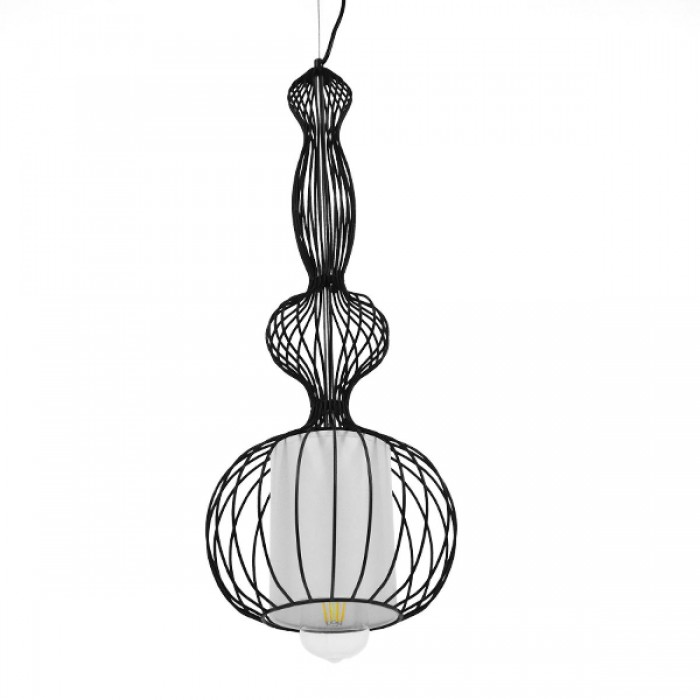 GloboStar® NELLY 01560 Vintage Industrial Κρεμαστό Φωτιστικό Οροφής Μονόφωτο Μαύρο Μεταλλικό Πλέγμα και Υφασμάτινο Εσωτερικό Καπέλο Φ25 x Υ67cm