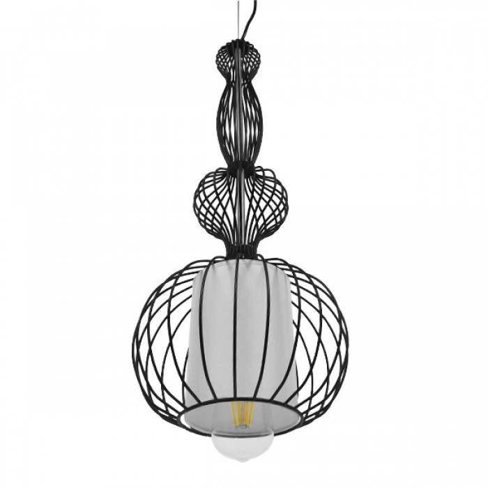 GloboStar® NELLY 01560 Vintage Industrial Κρεμαστό Φωτιστικό Οροφής Μονόφωτο Μαύρο Μεταλλικό Πλέγμα και Υφασμάτινο Εσωτερικό Καπέλο Φ25 x Υ67cm