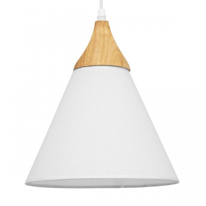 GloboStar® SHADE TEXTILE 01577 Μοντέρνο Κρεμαστό Φωτιστικό Οροφής Μονόφωτο 1 x E27 Λευκό Υφασμάτινο με Ξύλο Καμπάνα Φ25 x 30cm