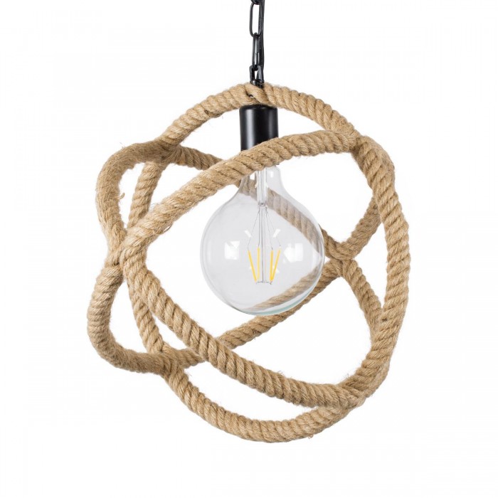 GloboStar® BALANCE 01596 Vintage Κρεμαστό Φωτιστικό Οροφής Μονόφωτο 1 x E27 Μπεζ Μεταλλικό με Σχοινί Φ35 x Υ36cm