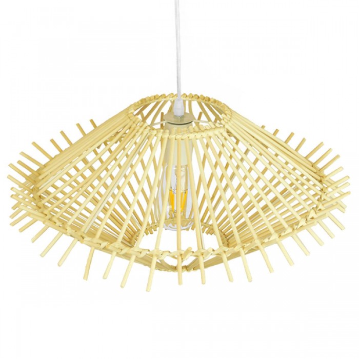 GloboStar® SASSO 01601 Vintage Κρεμαστό Φωτιστικό Οροφής Μονόφωτο 1 x E27 Μπεζ Ξύλινο Ψάθινο Μπαμπού Φ50 x Υ23cm