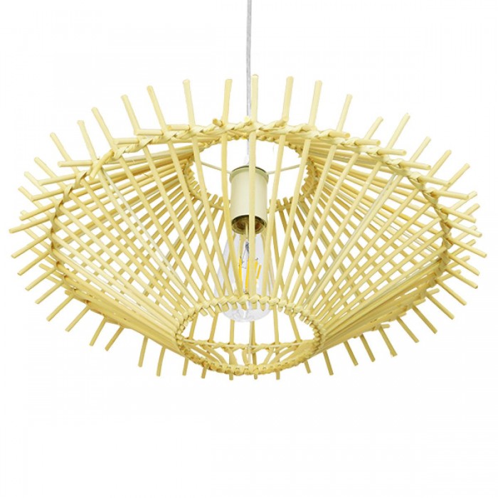 GloboStar® SASSO 01601 Vintage Κρεμαστό Φωτιστικό Οροφής Μονόφωτο 1 x E27 Μπεζ Ξύλινο Ψάθινο Μπαμπού Φ50 x Υ23cm