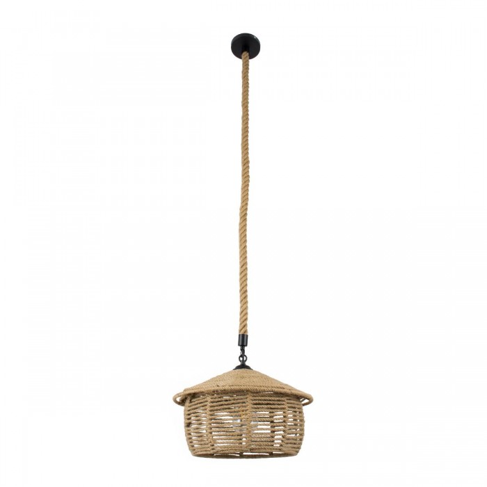 GloboStar® SPIRIT 01607 Vintage Κρεμαστό Φωτιστικό Οροφής Μονόφωτο 1 x E27 Πλέγμα με Μπεζ Σχοινί Φ35 x Υ30cm