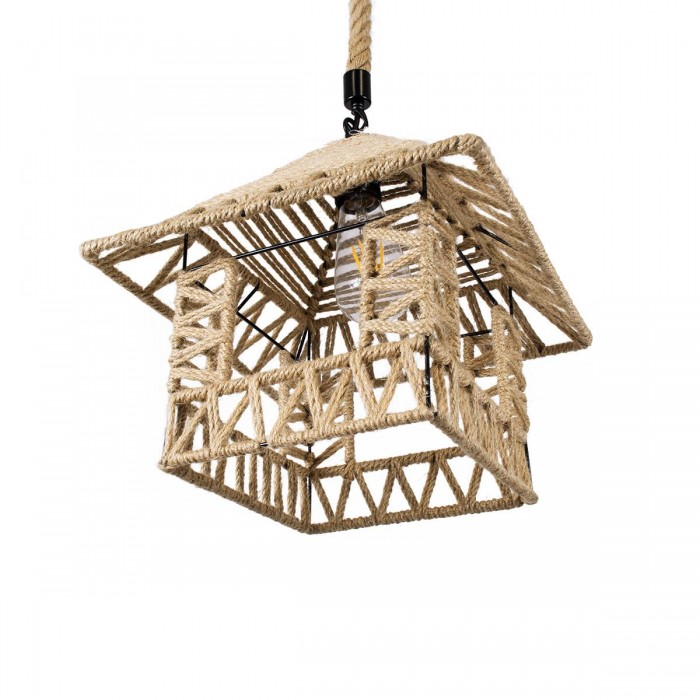 GloboStar® SPIKY 01613 Vintage Κρεμαστό Φωτιστικό Οροφής Μονόφωτο 1 x E27 Πλέγμα με Μπεζ Σχοινί Φ43 x Υ28cm