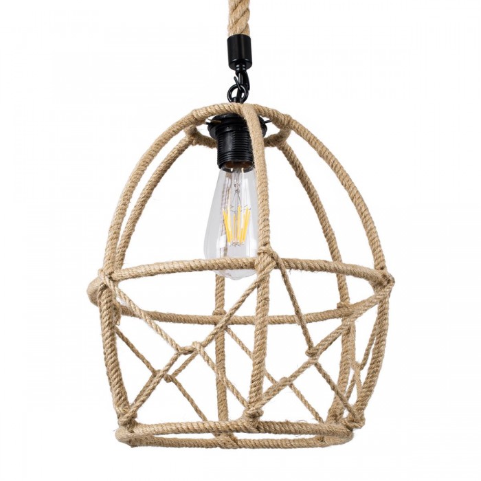 GloboStar® TELAN 01615 Vintage Κρεμαστό Φωτιστικό Οροφής Μονόφωτο 1 x E27 Πλέγμα με Μπεζ Σχοινί Φ30 x Υ38cm