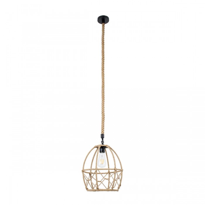 GloboStar® TELAN 01615 Vintage Κρεμαστό Φωτιστικό Οροφής Μονόφωτο 1 x E27 Πλέγμα με Μπεζ Σχοινί Φ30 x Υ38cm