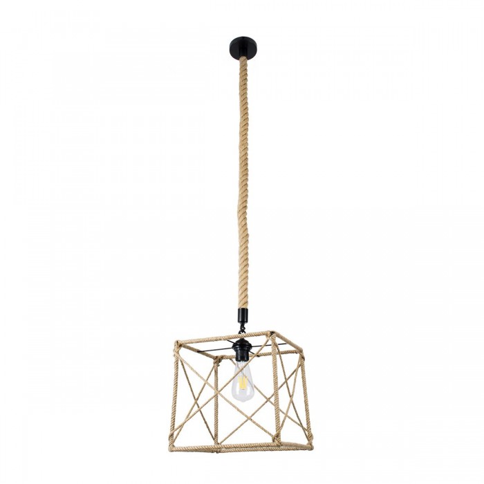 GloboStar® POLISHED 01616 Vintage Κρεμαστό Φωτιστικό Οροφής Μονόφωτο 1 x E27 Πλέγμα με Μπεζ Σχοινί Μ30 x Π28 x Υ30cm