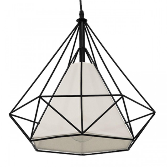 GloboStar® KAIRI 01618 Μοντέρνο Industrial Κρεμαστό Φωτιστικό Οροφής Μονόφωτο 1 x E27 Μαύρο με Άσπρο Ύφασμα Μεταλλικό Πλέγμα Φ38 x Υ39cm