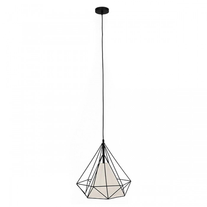 GloboStar® KAIRI 01618 Μοντέρνο Industrial Κρεμαστό Φωτιστικό Οροφής Μονόφωτο 1 x E27 Μαύρο με Άσπρο Ύφασμα Μεταλλικό Πλέγμα Φ38 x Υ39cm