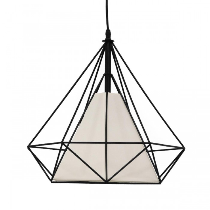 GloboStar® KAIRI 01618 Μοντέρνο Industrial Κρεμαστό Φωτιστικό Οροφής Μονόφωτο 1 x E27 Μαύρο με Άσπρο Ύφασμα Μεταλλικό Πλέγμα Φ38 x Υ39cm