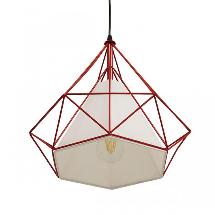GloboStar® KAIRI 01620 Μοντέρνο Industrial Κρεμαστό Φωτιστικό Οροφής Μονόφωτο 1 x E27 Κόκκινο με Άσπρο Ύφασμα Μεταλλικό Πλέγμα Φ38 x Υ39cm