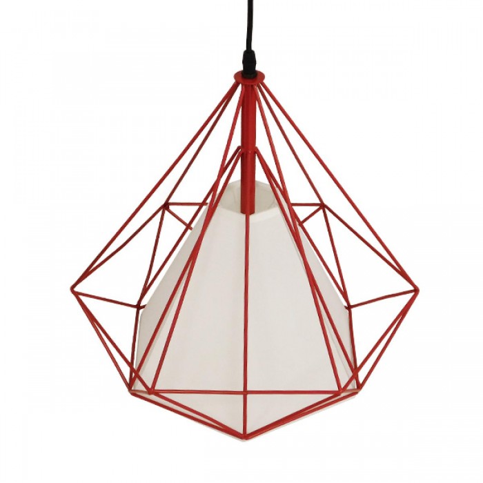 GloboStar® KAIRI 01620 Μοντέρνο Industrial Κρεμαστό Φωτιστικό Οροφής Μονόφωτο 1 x E27 Κόκκινο με Άσπρο Ύφασμα Μεταλλικό Πλέγμα Φ38 x Υ39cm