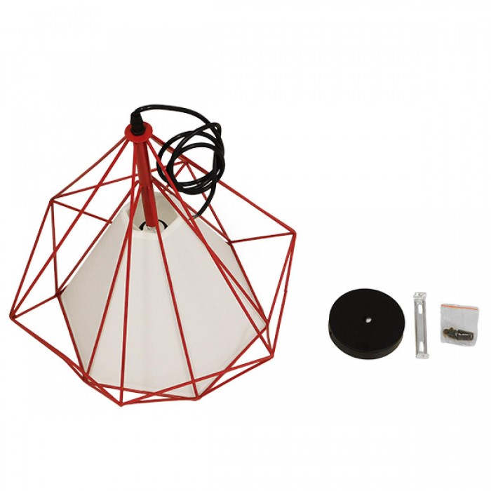 GloboStar® KAIRI 01620 Μοντέρνο Industrial Κρεμαστό Φωτιστικό Οροφής Μονόφωτο 1 x E27 Κόκκινο με Άσπρο Ύφασμα Μεταλλικό Πλέγμα Φ38 x Υ39cm
