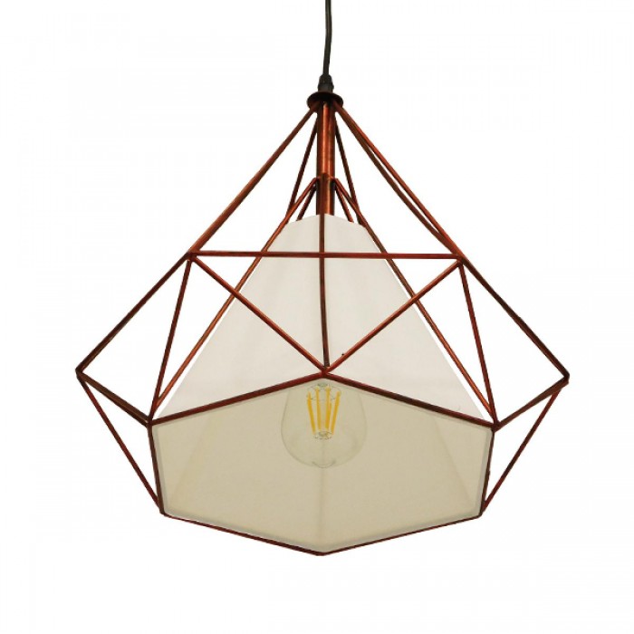 GloboStar® KAIRI 01623 Μοντέρνο Industrial Κρεμαστό Φωτιστικό Οροφής Μονόφωτο 1 x E27 Καφέ Σκουριά με Άσπρο Ύφασμα Μεταλλικό Πλέγμα Φ38 x Υ39cm