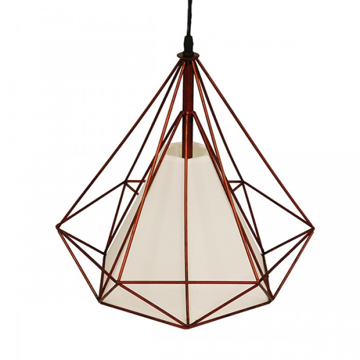 GloboStar® KAIRI 01623 Μοντέρνο Industrial Κρεμαστό Φωτιστικό Οροφής Μονόφωτο 1 x E27 Καφέ Σκουριά με Άσπρο Ύφασμα Μεταλλικό Πλέγμα Φ38 x Υ39cm