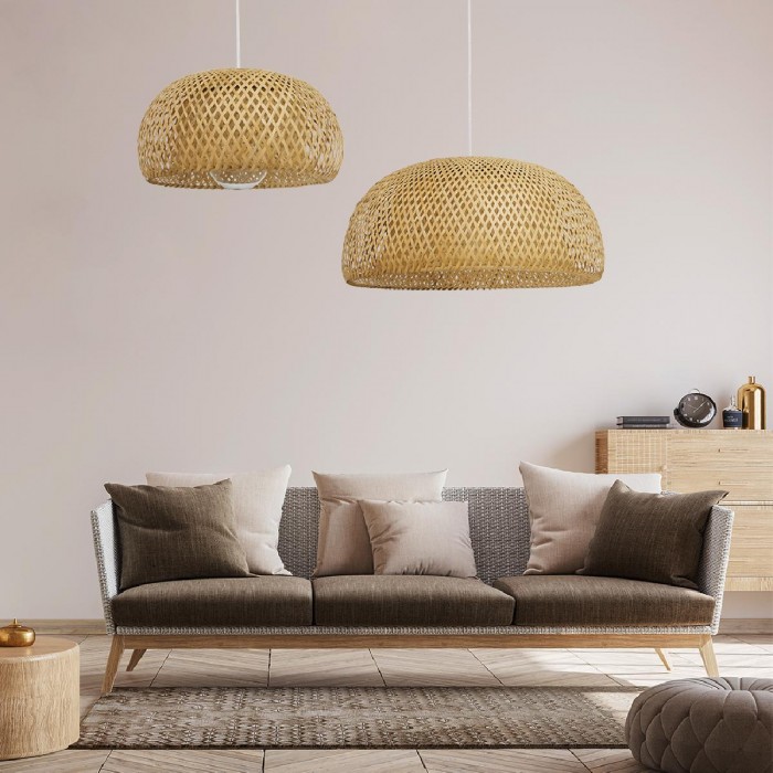 GloboStar® SAN TROPEZ 01627 Vintage Κρεμαστό Φωτιστικό Οροφής Μονόφωτο 1 x E27 Καφέ Ξύλινο Μπαμπού Φ60 x Υ29cm