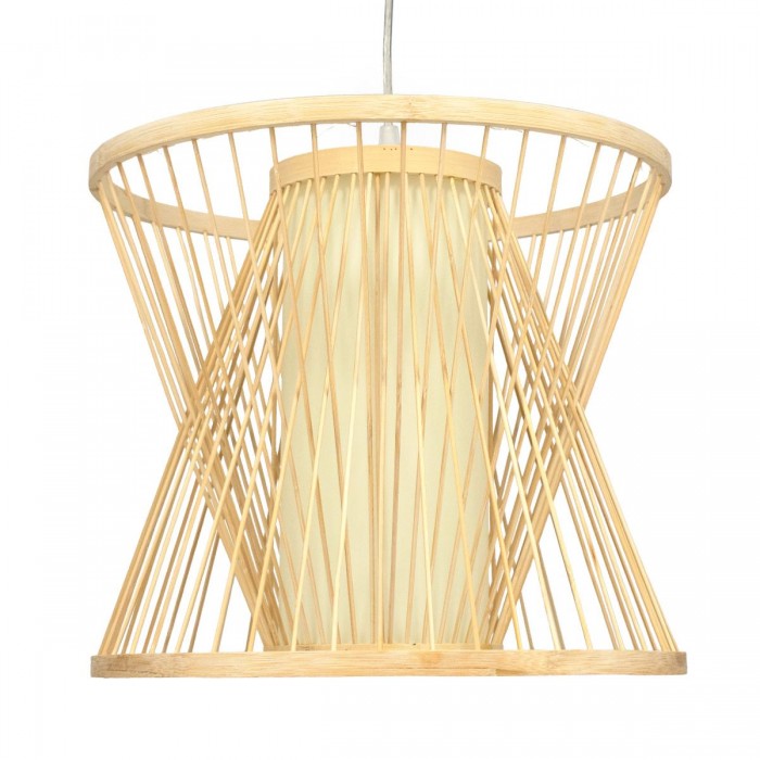 GloboStar® DE PARIS 01632 Vintage Κρεμαστό Φωτιστικό Οροφής Μονόφωτο 1 x E27 Μπεζ Ξύλινο Μπαμπού Φ35 x Y32cm