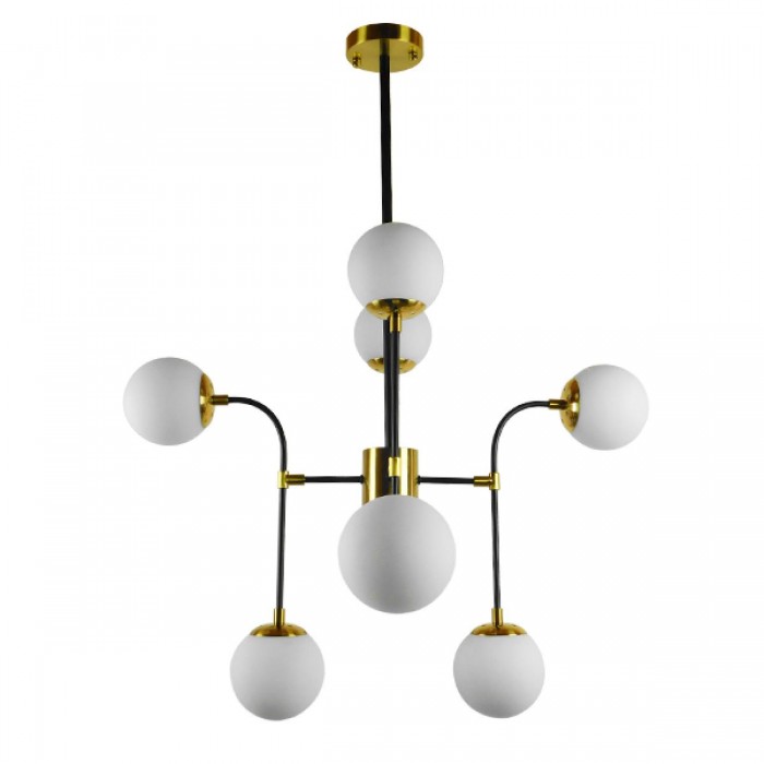 GloboStar® STARDUST 01649 Vintage Industrial Φωτιστικό Οροφής Πολύφωτο Μαύρο - Χρυσό Μεταλλικό Πολυέλαιος με Γυάλινες Μπάλες Λευκό Ματ Φ75 x Y100cm