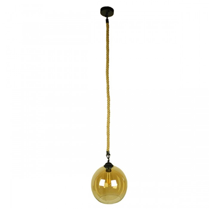 GloboStar® LENHAM 01668 Μοντέρνο Κρεμαστό Φωτιστικό Οροφής Μονόφωτο 1 x E27 με 1 Μέτρο Μπεζ Σχοινί Γυάλινο Μελί Διάφανο Φ25 x Υ25cm