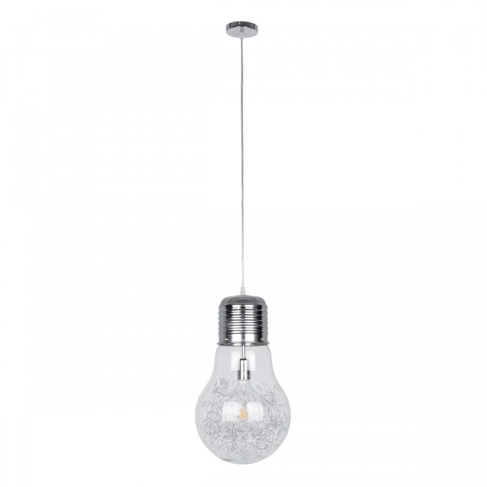 GloboStar® LAMP 01677 Μοντέρνο Κρεμαστό Φωτιστικό Οροφής Μονόφωτο 1 x E27 Ασημί Νίκελ Μεταλλικό Διάφανο Γυαλί Φ30 x Υ52cm