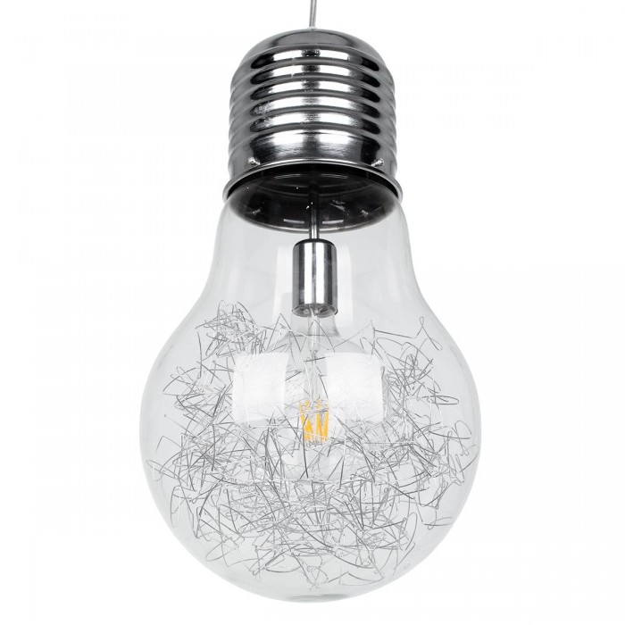 GloboStar® LAMP 01677 Μοντέρνο Κρεμαστό Φωτιστικό Οροφής Μονόφωτο 1 x E27 Ασημί Νίκελ Μεταλλικό Διάφανο Γυαλί Φ30 x Υ52cm