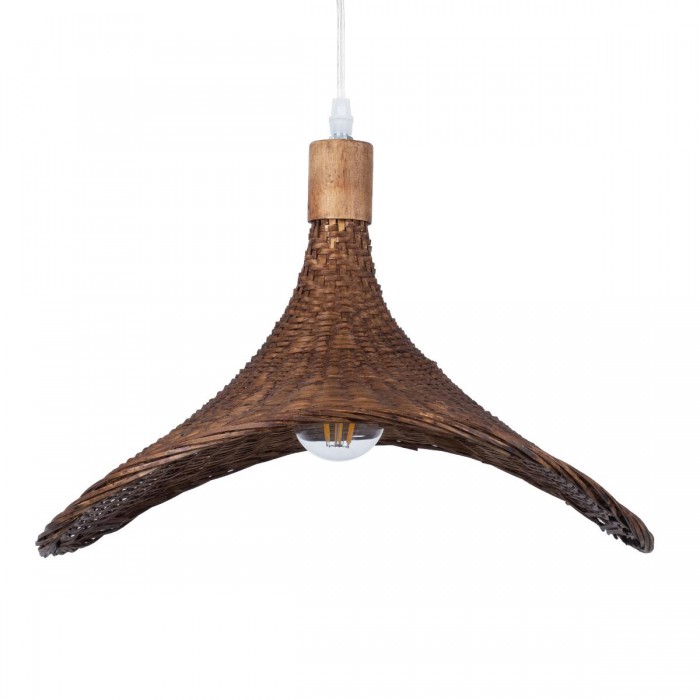 GloboStar® CUBA 01718 Vintage Κρεμαστό Φωτιστικό Οροφής Μονόφωτο 1 x E27 Καφέ Ξύλινο Μπαμπού Φ43 x Y30cm