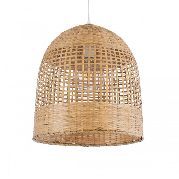 GloboStar® BORA-BORA 01735 Μοντέρνο Κρεμαστό Φωτιστικό Οροφής Μονόφωτο 1 x E27 Μπεζ Μπαμπού Καμπάνα Φ42 x Υ44cm