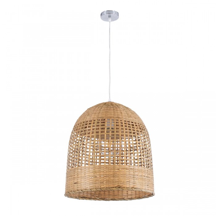 GloboStar® BORA-BORA 01735 Μοντέρνο Κρεμαστό Φωτιστικό Οροφής Μονόφωτο 1 x E27 Μπεζ Μπαμπού Καμπάνα Φ42 x Υ44cm