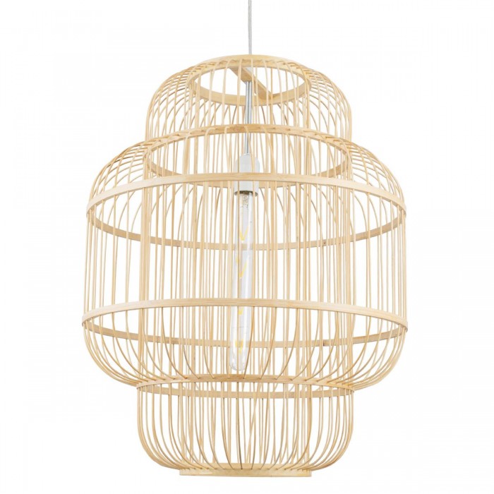 GloboStar® HAITI 01763 Vintage Κρεμαστό Φωτιστικό Οροφής Μονόφωτο 1 x E27 Μπεζ Ξύλινο Μπαμπού Πλέγμα Φ48 x Υ60cm