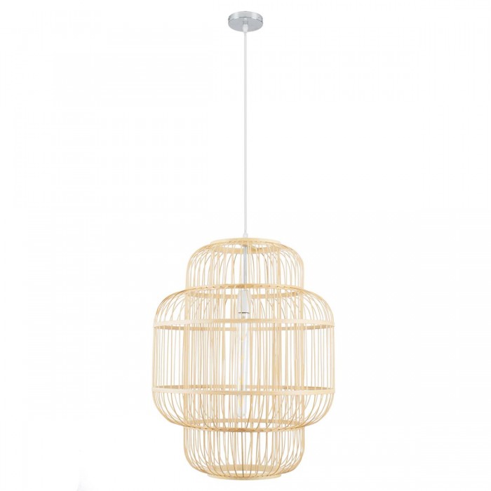 GloboStar® HAITI 01763 Vintage Κρεμαστό Φωτιστικό Οροφής Μονόφωτο 1 x E27 Μπεζ Ξύλινο Μπαμπού Πλέγμα Φ48 x Υ60cm