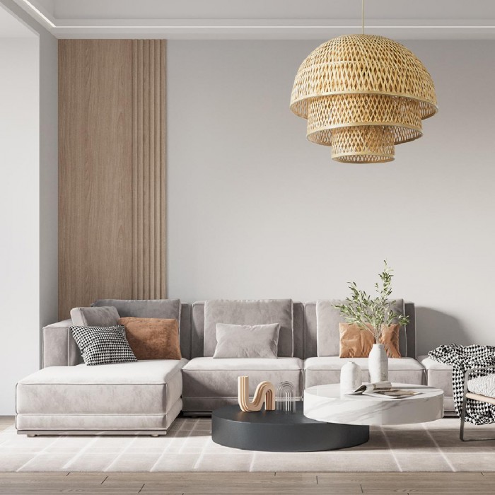 GloboStar® HIROKA 01836 Boho Κρεμαστό Φωτιστικό Οροφής Μονόφωτο 1 x E27 AC220-240V IP20 - Φ60 x Υ50cm - Μπεζ Ξύλινο Μπαμπού Πλέγμα