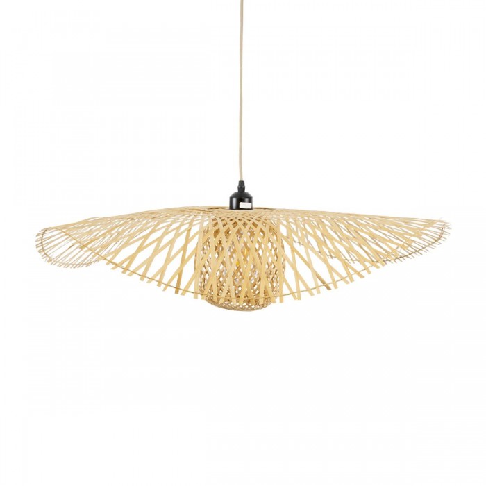 GloboStar® CINNABAR 01837 Boho Κρεμαστό Φωτιστικό Οροφής Μονόφωτο 1 x E27 AC220-240V IP20 - Φ75 x Υ21cm - Μπεζ Ξύλινο Μπαμπού Πλέγμα