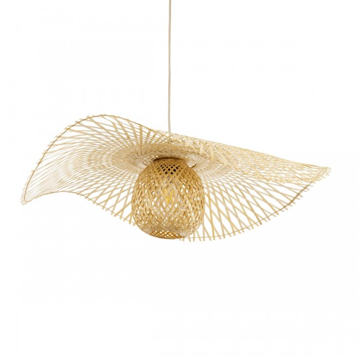 GloboStar® CINNABAR 01837 Boho Κρεμαστό Φωτιστικό Οροφής Μονόφωτο 1 x E27 AC220-240V IP20 - Φ75 x Υ21cm - Μπεζ Ξύλινο Μπαμπού Πλέγμα