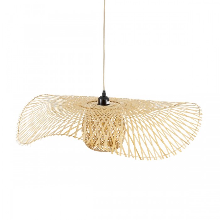 GloboStar® CINNABAR 01837 Boho Κρεμαστό Φωτιστικό Οροφής Μονόφωτο 1 x E27 AC220-240V IP20 - Φ75 x Υ21cm - Μπεζ Ξύλινο Μπαμπού Πλέγμα