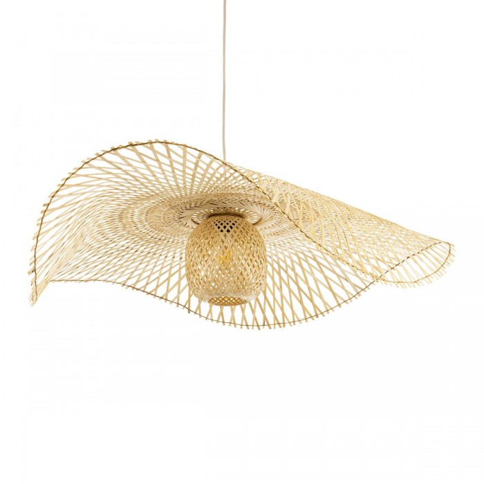 GloboStar® CINNABAR 01838 Boho Κρεμαστό Φωτιστικό Οροφής Μονόφωτο 1 x E27 AC220-240V IP20 - Φ100 x Υ21cm - Μπεζ Ξύλινο Μπαμπού Πλέγμα