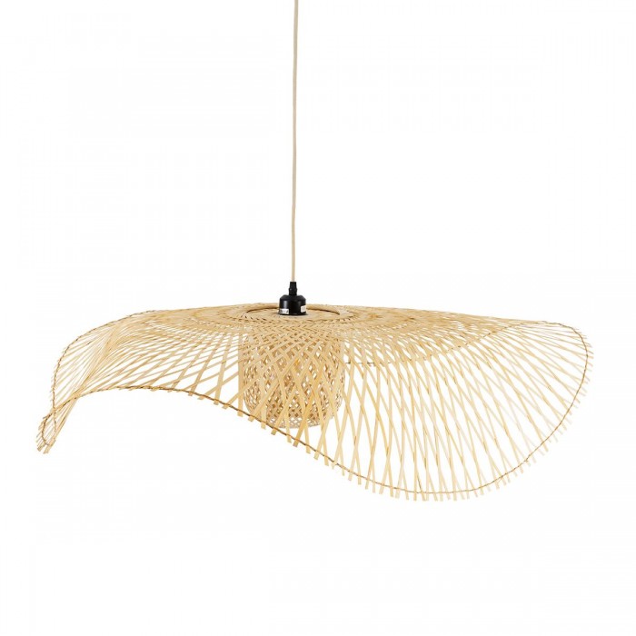 GloboStar® CINNABAR 01838 Boho Κρεμαστό Φωτιστικό Οροφής Μονόφωτο 1 x E27 AC220-240V IP20 - Φ100 x Υ21cm - Μπεζ Ξύλινο Μπαμπού Πλέγμα