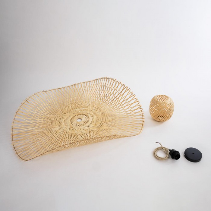 GloboStar® CINNABAR 01838 Boho Κρεμαστό Φωτιστικό Οροφής Μονόφωτο 1 x E27 AC220-240V IP20 - Φ100 x Υ21cm - Μπεζ Ξύλινο Μπαμπού Πλέγμα