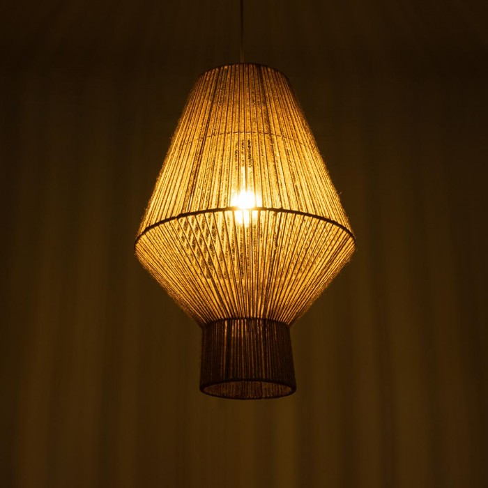 GloboStar® CAYMAN 01853 Boho Κρεμαστό Φωτιστικό Οροφής Μονόφωτο 1 x E27 AC220-240V IP20 - Φ40 x Υ60cm - Μπεζ Λεπτό Σχοινί Τριχιά Πλέγμα