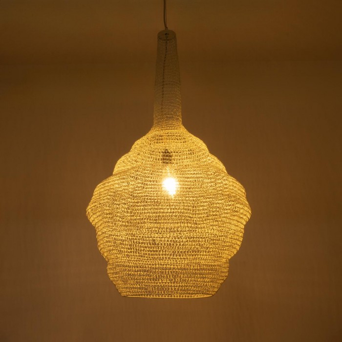 GloboStar® KENTUCKY 01883 Vintage Κρεμαστό Φωτιστικό Οροφής Μονόφωτο 1 x E27 AC220-240V IP20 - Φ60 x Υ90cm - Μπεζ Εκρού Μεταλλικό Πλέγμα