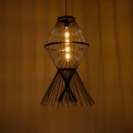 GloboStar® YOSHI 01929 Boho Κρεμαστό Φωτιστικό Οροφής Μονόφωτο 1 x E27 AC220-240V IP20 - Φ35 x Υ60cm - Μαύρο Ξύλινο Πλέγμα