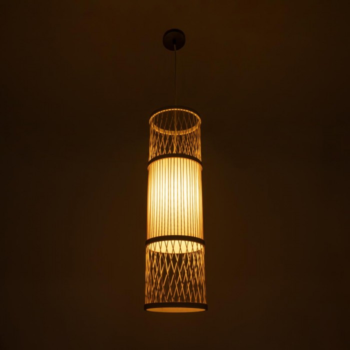 GloboStar® HIBISCUS 01933 Boho Κρεμαστό Φωτιστικό Οροφής Μονόφωτο 1 x E27 AC220-240V IP20 - Φ20 x Υ70cm - Μπεζ Ξύλινο Πλέγμα - 5 Years Warranty