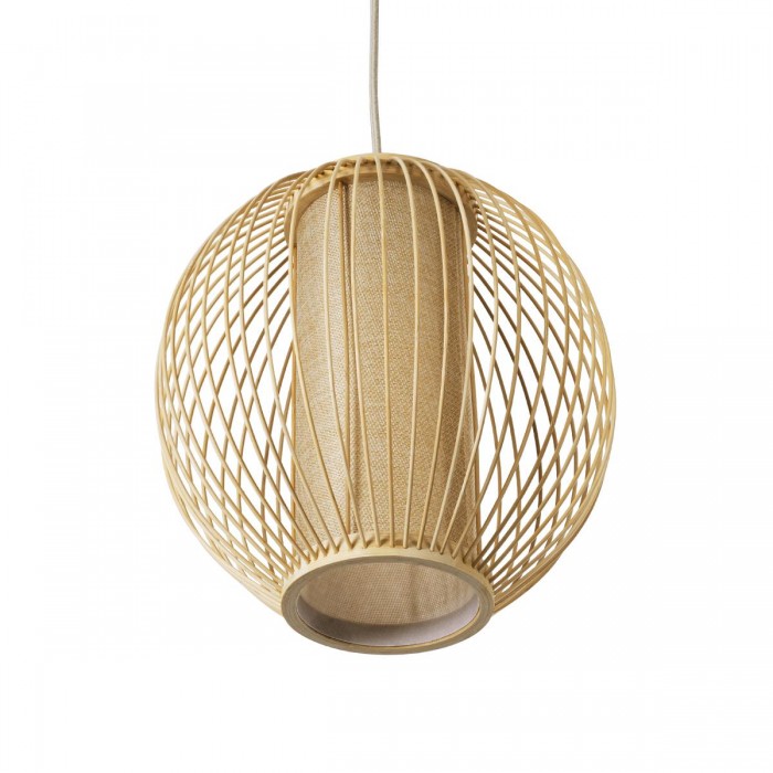 GloboStar® HIBISCUS 01934 Boho Κρεμαστό Φωτιστικό Οροφής Μονόφωτο 1 x E27 AC220-240V IP20 - Φ28 x Υ28cm - Μπεζ Ξύλινο Πλέγμα - 5 Years Warranty